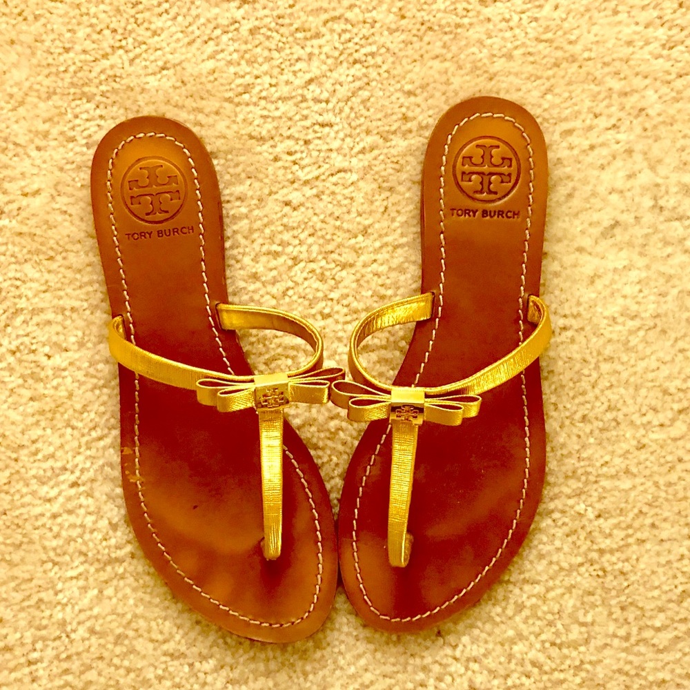 EUC Gold Tory Burch T-Strap Bow Sandals